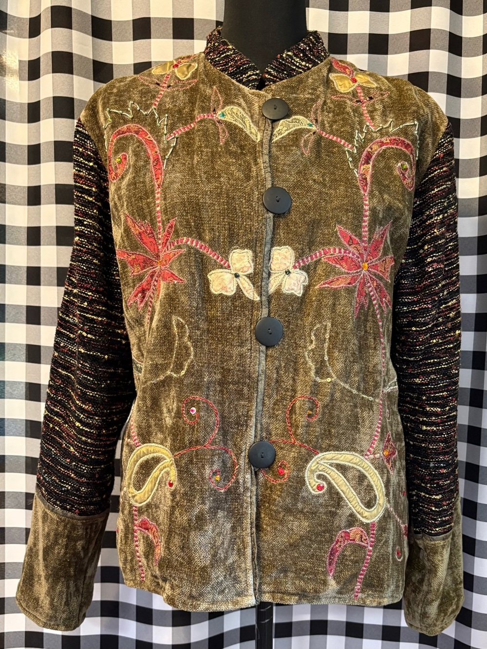 Alexandria Pierce 90's Vintage Multicolored Textured/Olive Green Velvet Jacket M